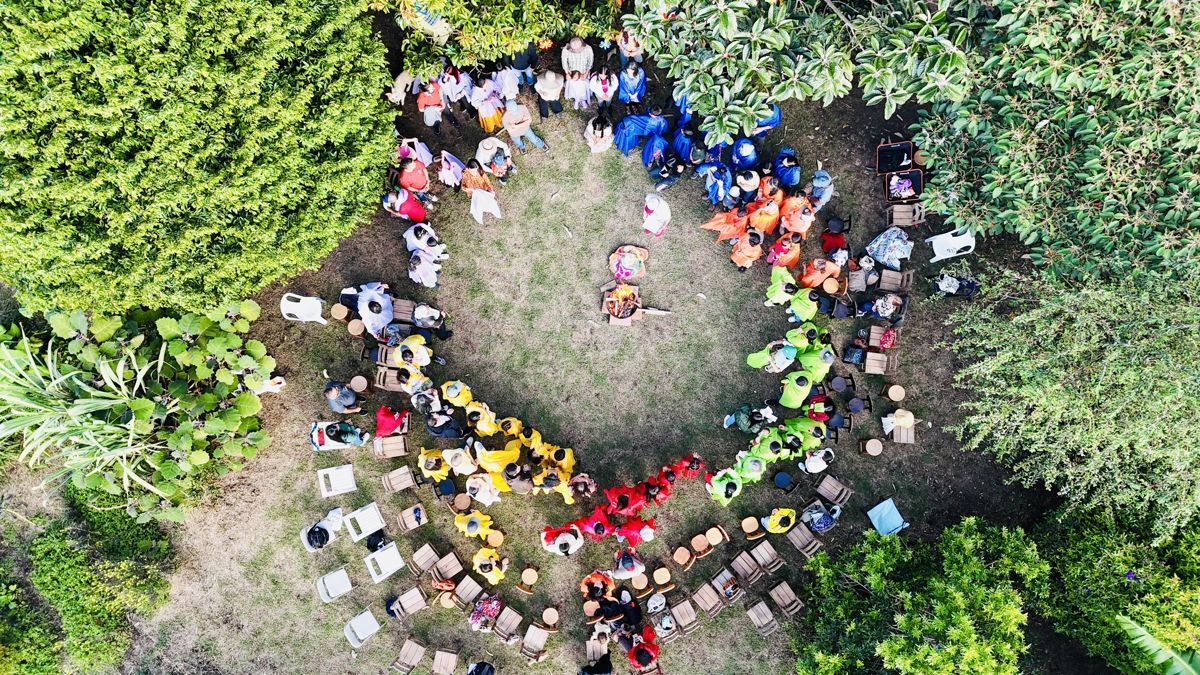 Aerial view of the big circle of Familias de Colores families at El Nido, El Carmen de Viboral
