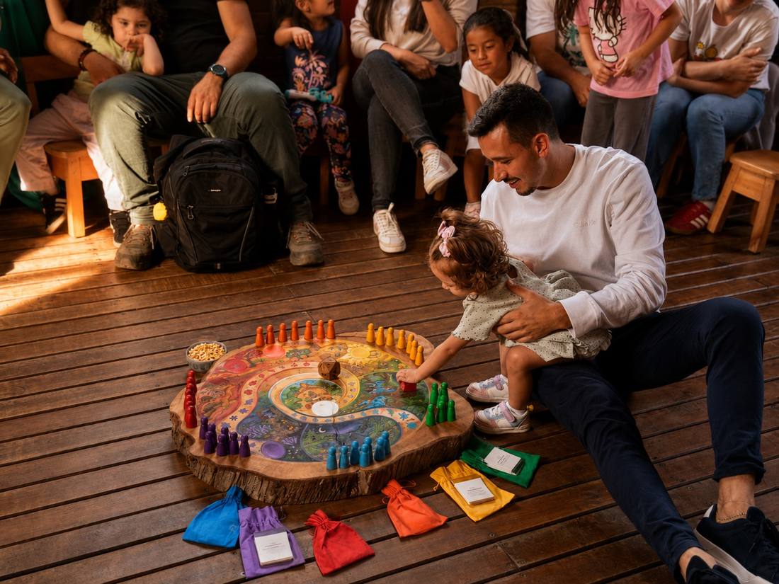 The Familias de Colores cooperative board game, with its pieces and cards, during a family game